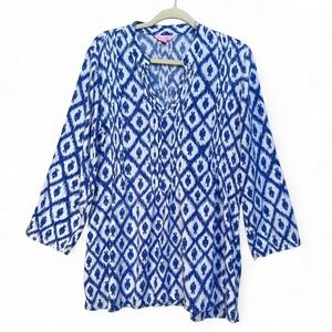 Lilly Pulitzer Blue White Ikat Pineapple Pintuck Tunic Top 3/4 Sleeve L 92484